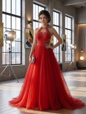 Red Dress Elegant Sz 6 Laura Maxi Evening Gown Beaded Illusion Bodice Prom Tulle